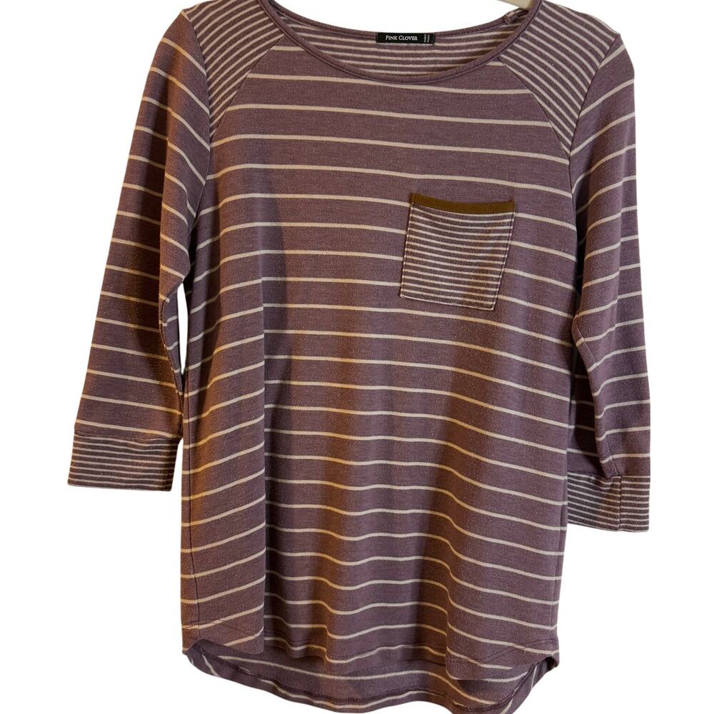 Pink Clover Mauve  Striped Pocket Tee – Comfy, Cute & Casual womens top size S/M